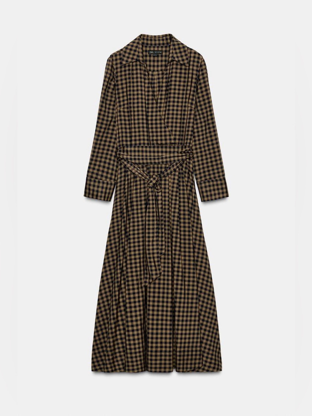 Zara Checkered Poplin Midi Shirt Dress Plaid Long Sleeves Caramel Navy Medium - Picture 5 of 16